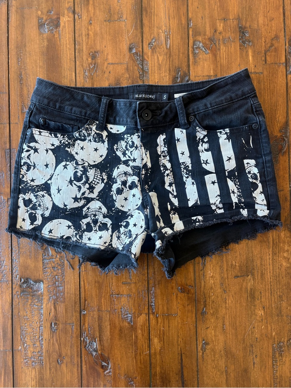 Blackheart Black and White Skull Flag Denim Shorts